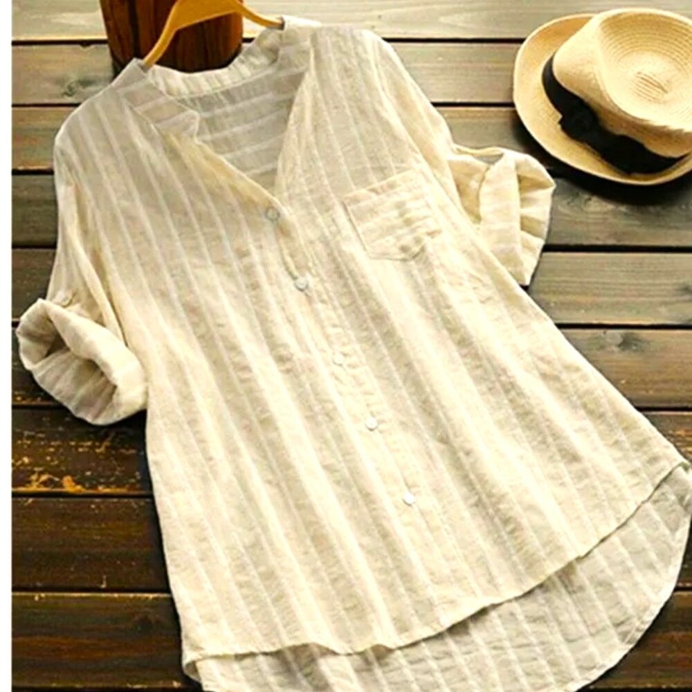 KHAKI & WHITE STRIPE L & XL 3/4 SLEEVE STANDING COLLAR BUTTON DOWN CASUAL SHIRT